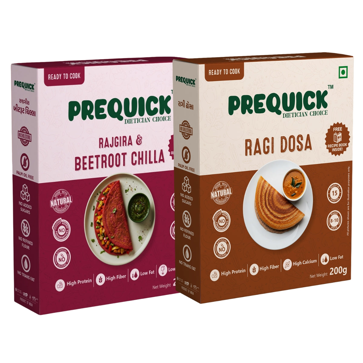 PREQUICK Rajgira Beetroot Chilla & Ragi Dosa Combo - combo pack front view, buy online India