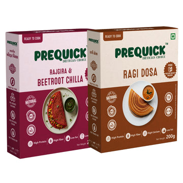 PREQUICK Rajgira Beetroot Chilla & Ragi Dosa Combo - combo pack front view, buy online India