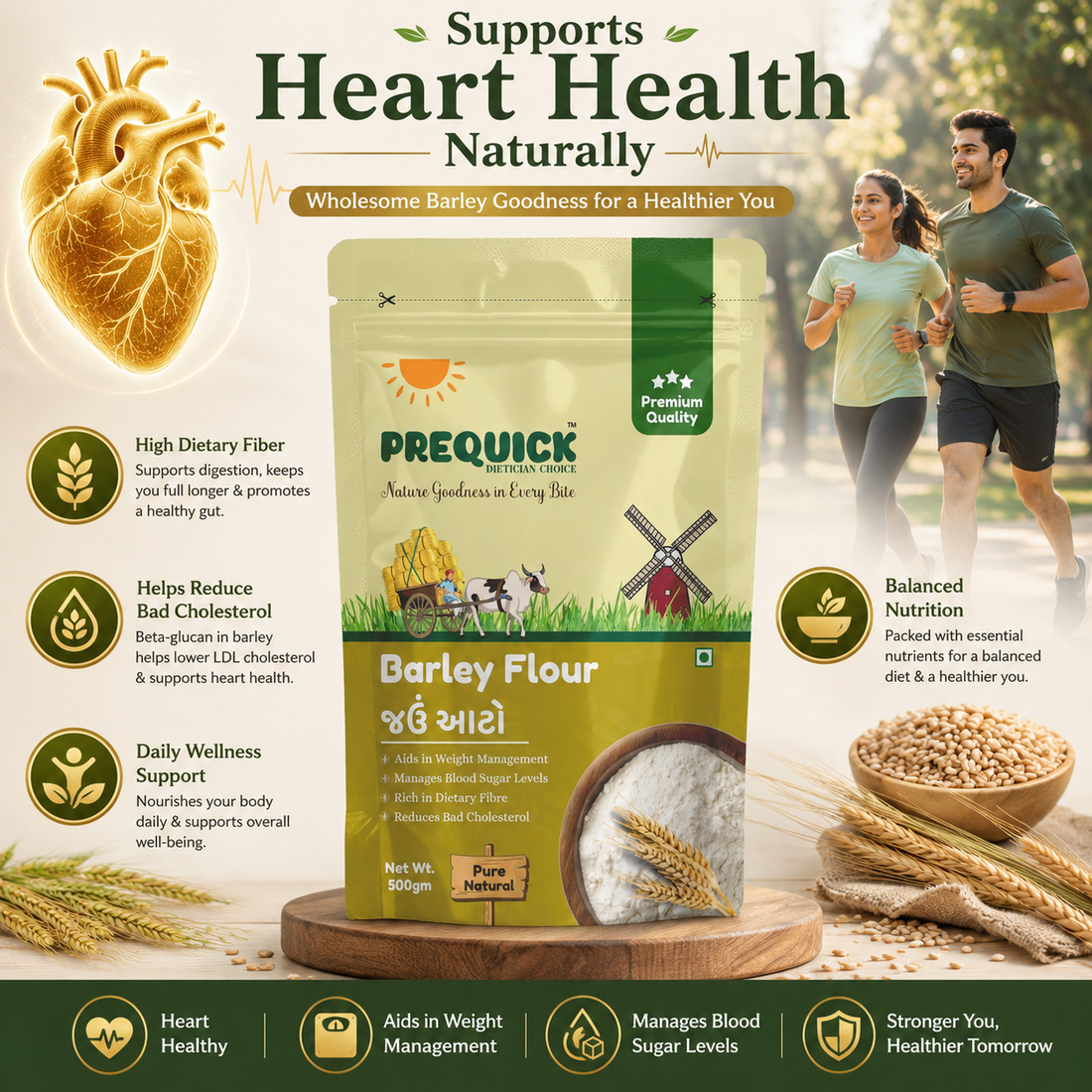 PREQUICK Barley Flour (Jau Atta) 500g - front pack view, buy online India