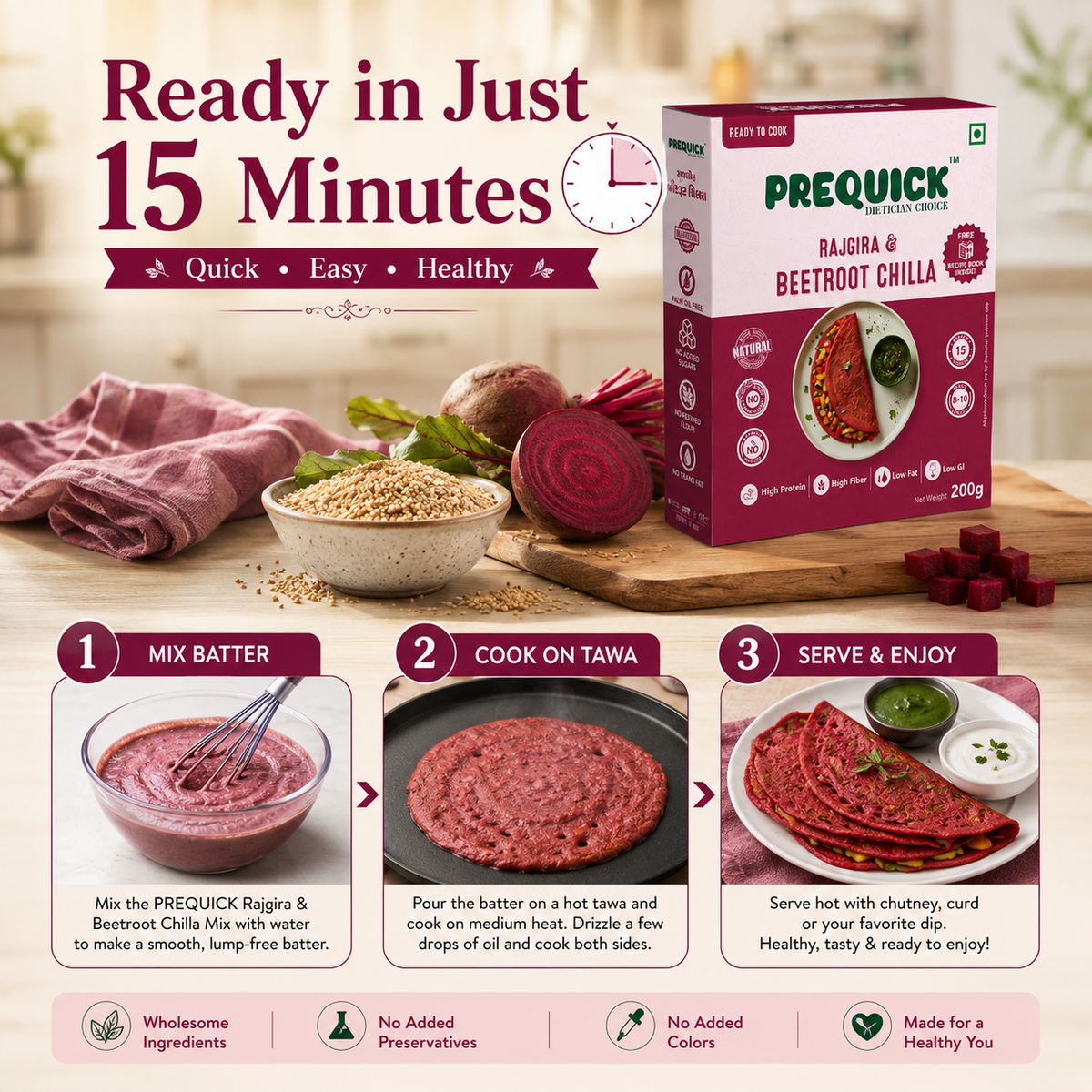 PREQUICK Rajgira & Beetroot Chilla Mix - product detail photo 3