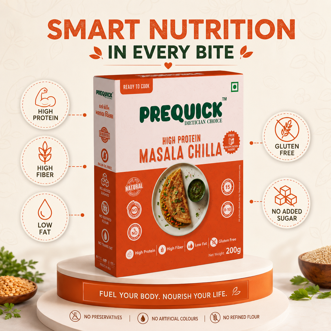 PREQUICK High Protein Masala Chilla Mix 200g - front pack view, buy online India