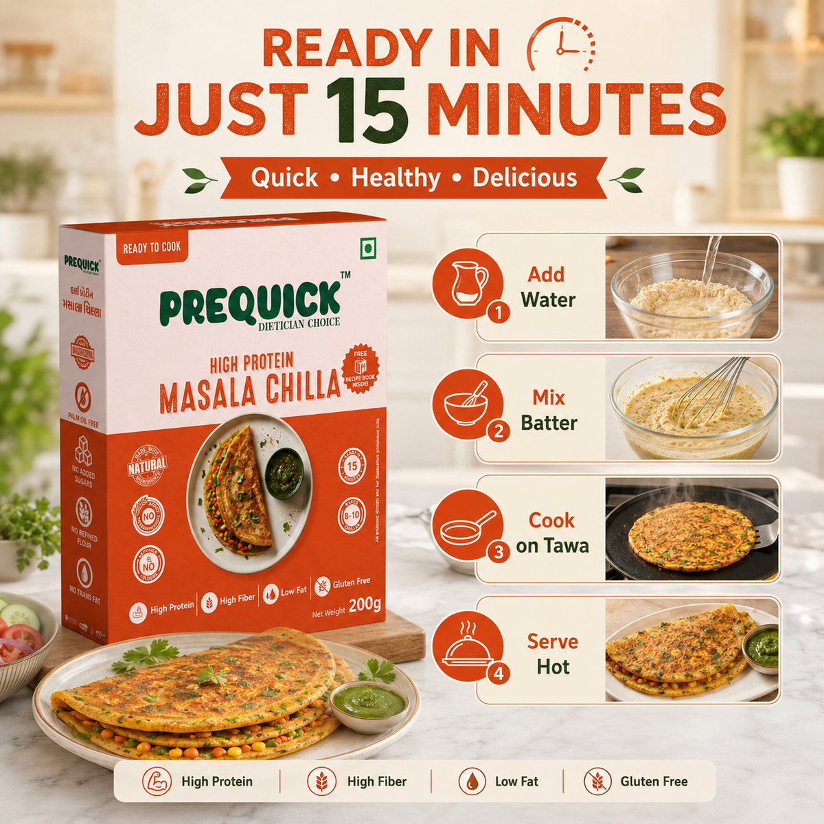 How to prepare PREQUICK High Protein Masala Chilla Mix - step by step instructions