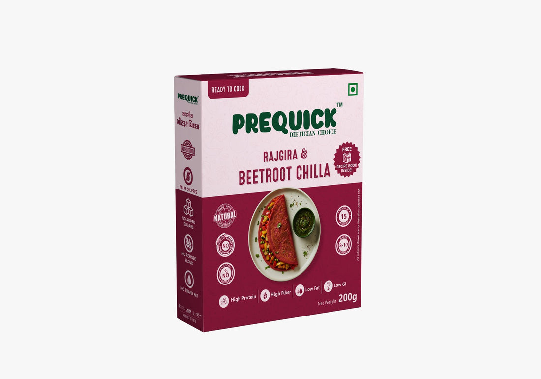 PREQUICK Rajgira & Beetroot Chilla Mix 200g - front pack view, buy online India