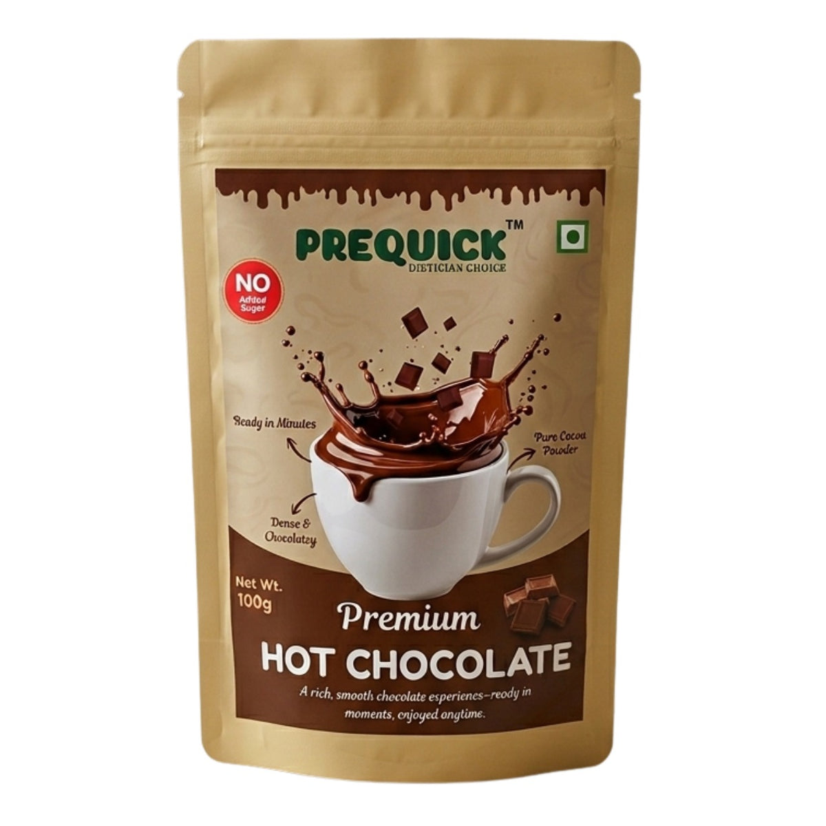 PREQUICK Premium Hot Chocolate 100g - front pack view, buy online India