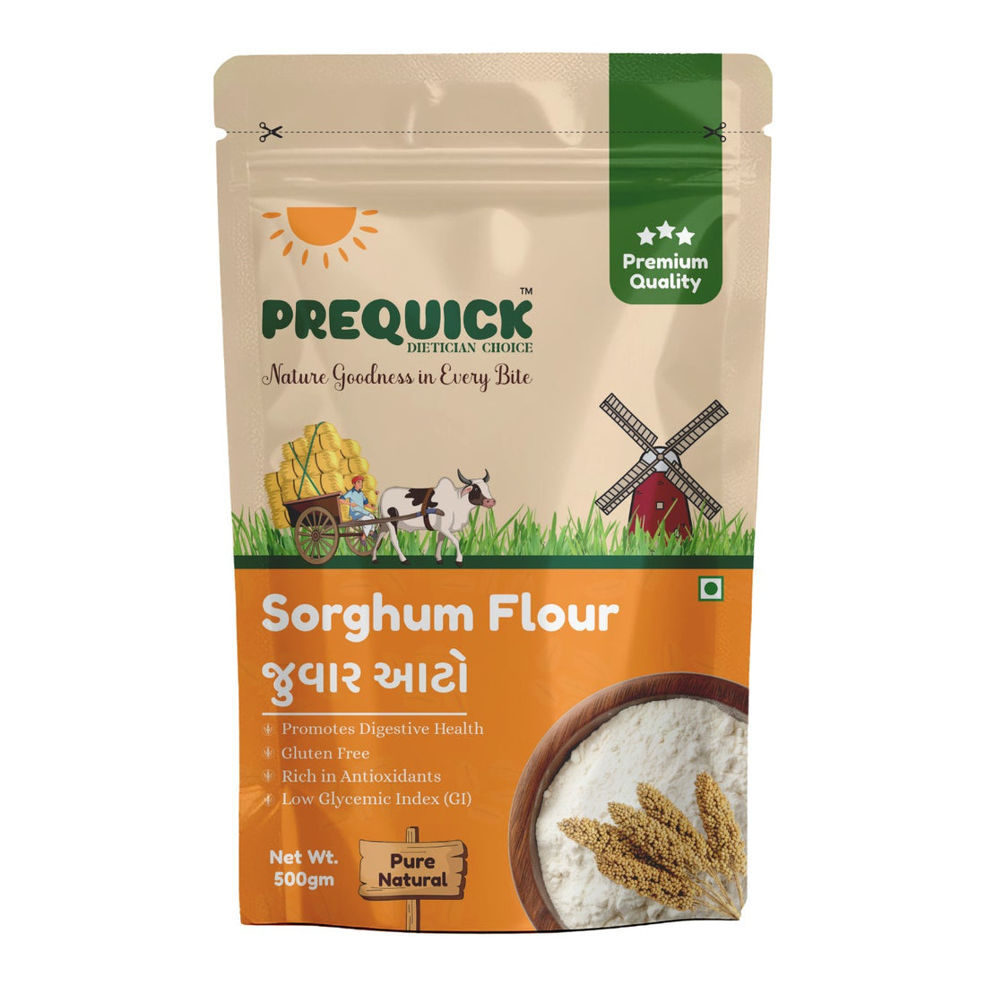 PREQUICK Sorghum Flour (Jowar Atta) 500g - front pack view, buy online India
