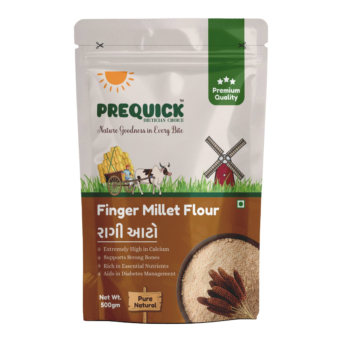 PREQUICK Finger Millet Flour (Ragi Atta) 500g - front pack view, buy online India