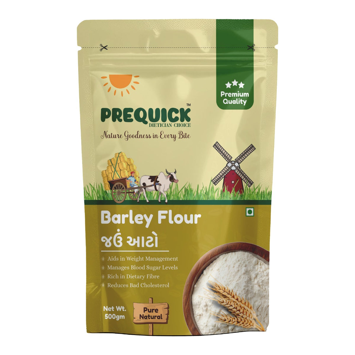 PREQUICK Barley Flour (Jau Atta) 500g - front pack view, buy online India