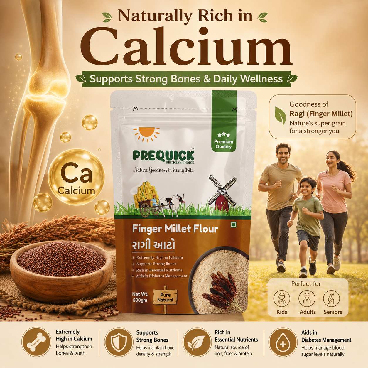 PREQUICK Finger Millet Flour (Ragi Atta) 500g | Calcium-Rich Natural Millet Flour - Image 3
