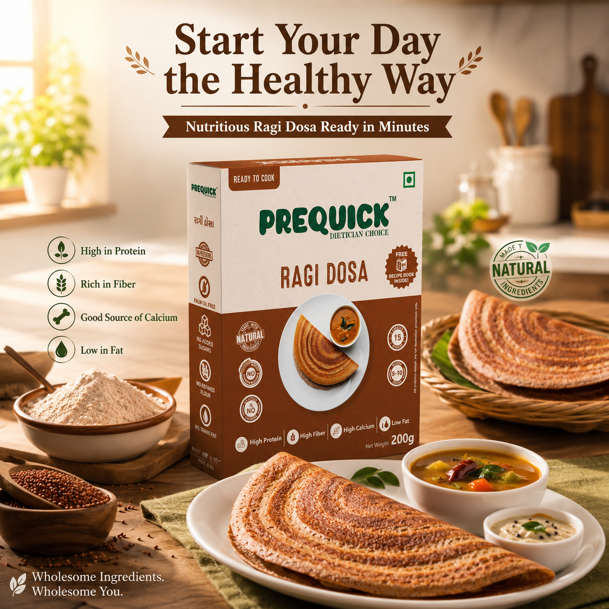PREQUICK Ragi Dosa Mix 200g | Instant Ready-to-Cook Finger Millet Dosa Mix - Image 2